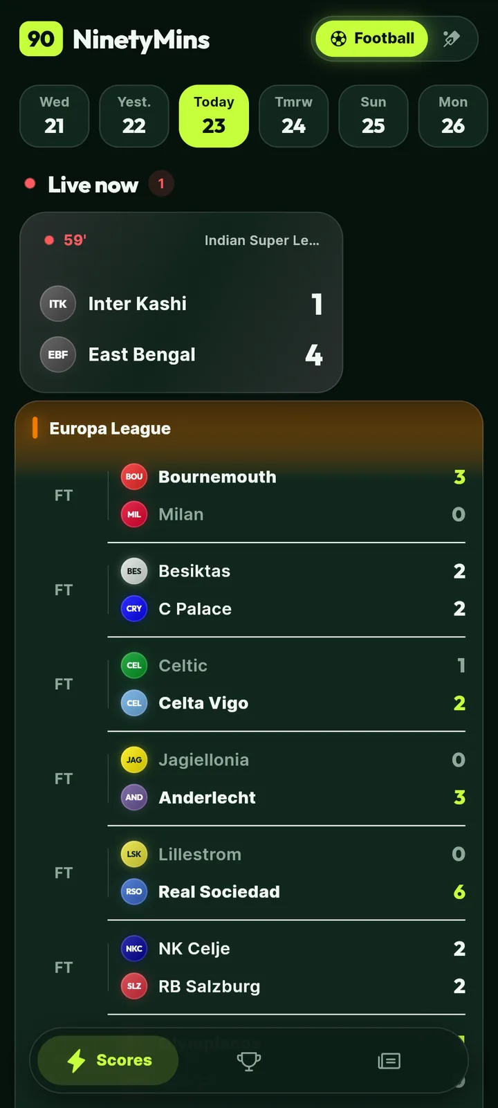 NinetyMins home screen with live football scores