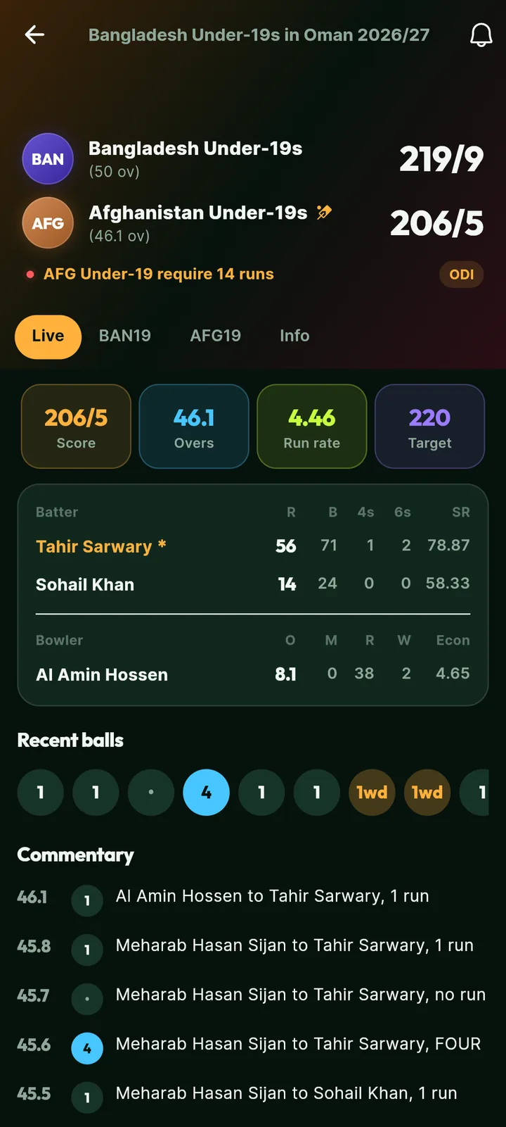 Ball-by-ball cricket screen